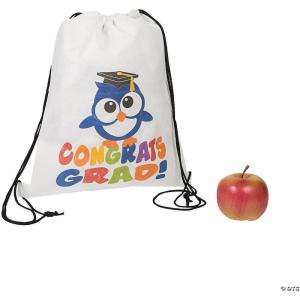 Fun Express Congrats Grad Drawstring Backpack for Graduation Party (Set of 12)(White)
