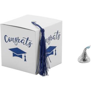 Fun Express Graduation Party White Favor Boxes with Blue Tassel, 25 Pieces
