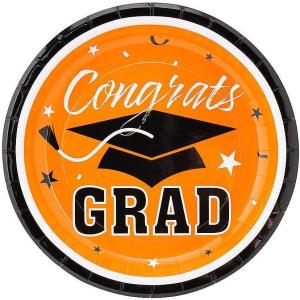 Fun Express Orange Congrats Grad Paper Dessert Plates – Disposable Dinner Dessert Paper Plates for Congrats Grad Party Decorations – Graduation Party Supplies – Holiday Gathering Tableware – 8 Pieces