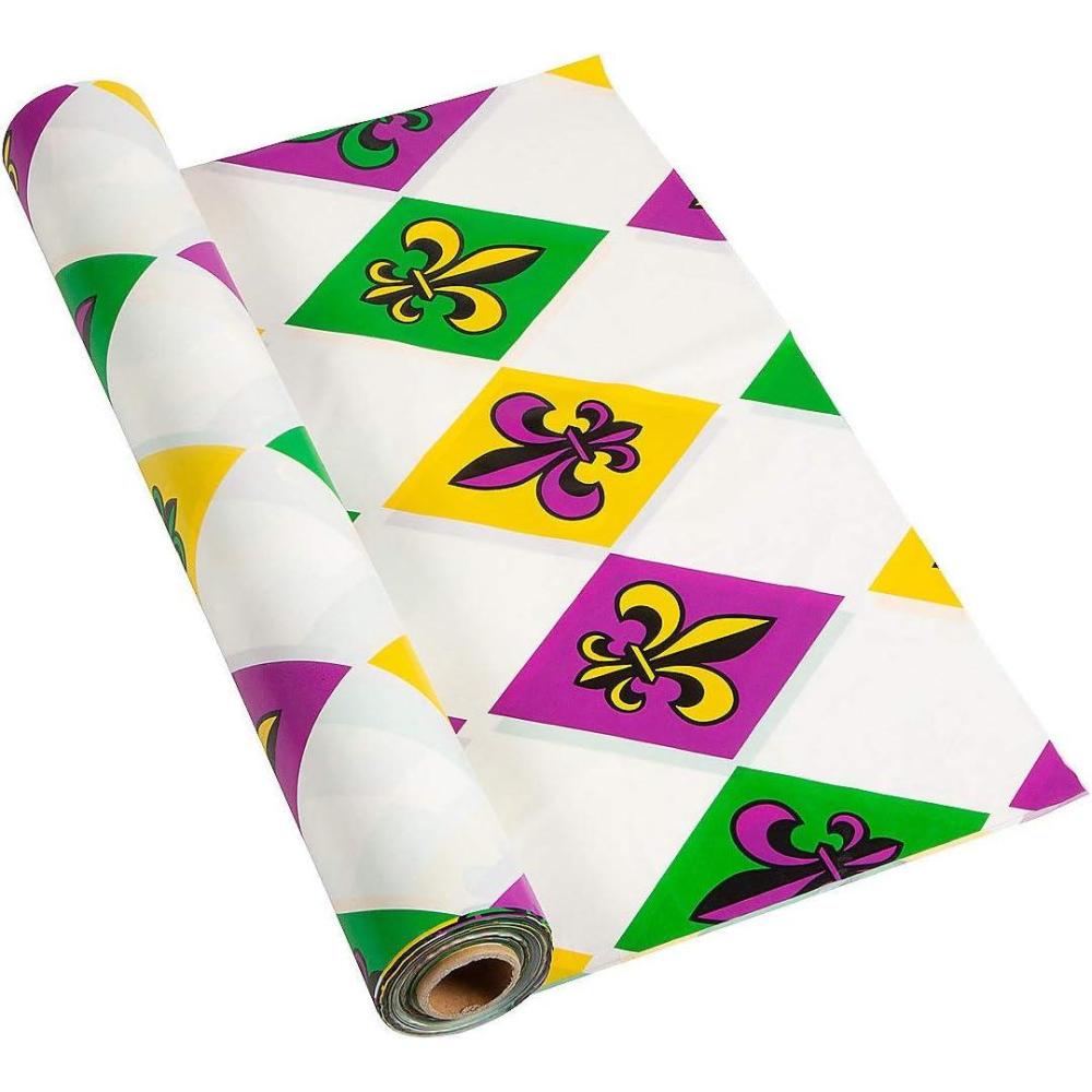 image:imageFun Express Mardi Gras Plastic Tablecloth Roll 40 x 100 ft Perfect for Party Supplies Celebrations and Festive Events  1 Durable Piece for Easy Setup