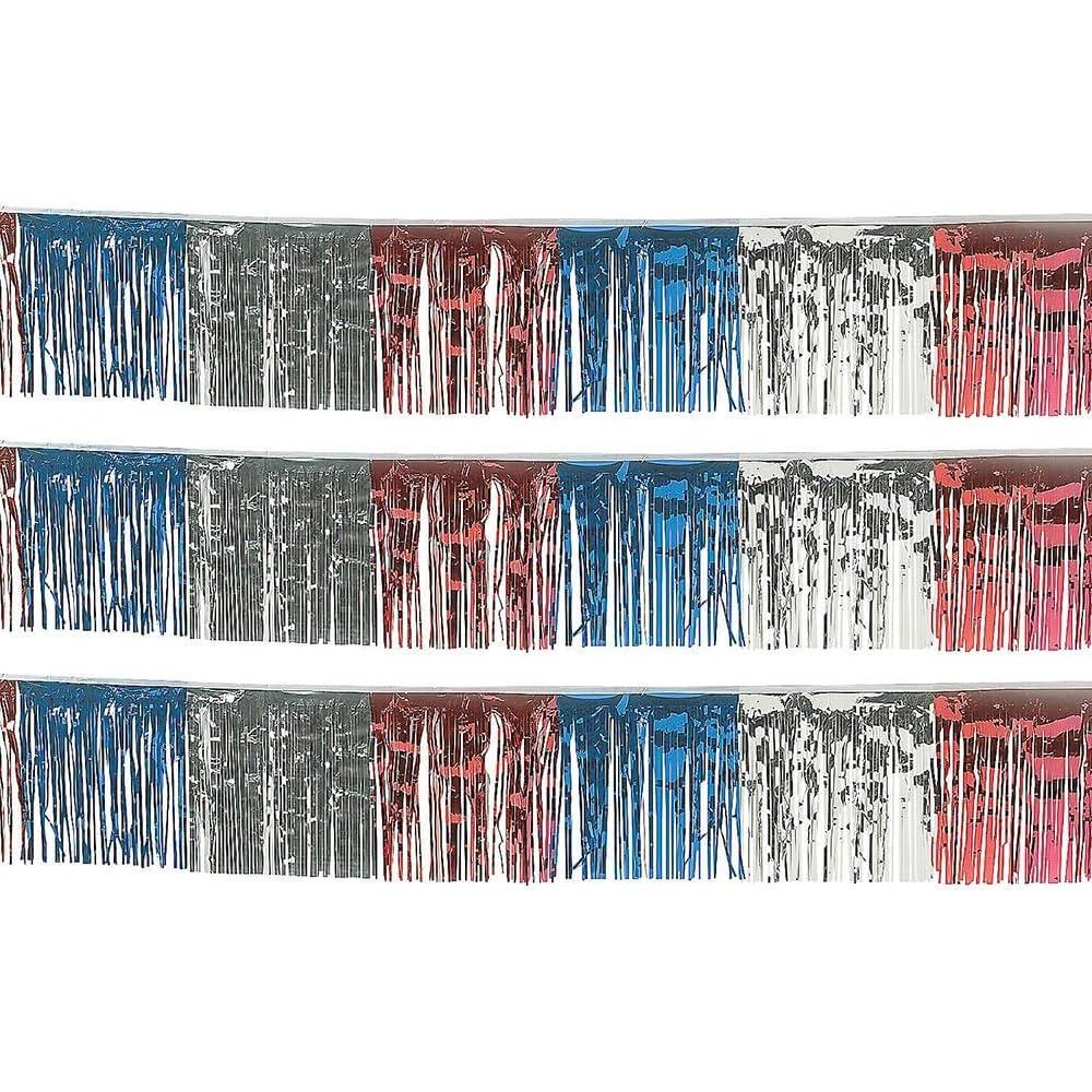 image:imageRed White and Blue Patriotic Foil Fringe Banners 100 feet made of 10 Banners Fourth of July Hanging Party Decor