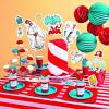 Fun Express 100 feet x 40 inch Red & White Striped Plastic Tablecloth Roll for Carnival, Patriotic, Party & Event Supplies – VBS Vacation Bible School Supplies/Decor