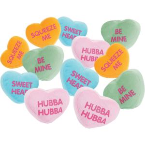 Fun Express 12 Pcs Plush Conversation Hearts – 4 inch – 4 Colors and Messages – Stuffed Valetines Day Toys