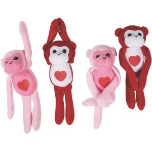 Fun Express Gorilla Stuffed Animal Monkey Plush Toys 12 Pack – Giant Long Arm Hanging Plushies for Valentine’s Day | Jumbo Party Favors, Prizes & Holiday Decorations | Pink Red Hearts Design
