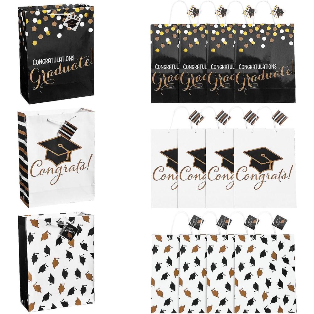 image:imageFun Express 10 x 13 Large Black amp Gold Graduation Paper Gift Bags with Tag 12 Pieces