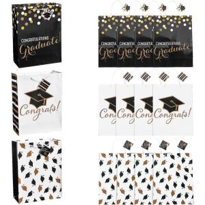 Fun Express 10″ x 13″ Large Black & Gold Graduation Paper Gift Bags with Tag, 12 Pieces