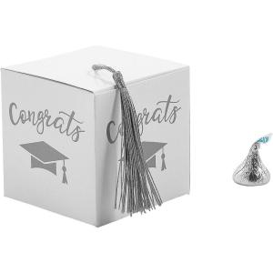 Fun Express Graduation Party White Favor Boxes with Silver Tassel, 25 Pieces