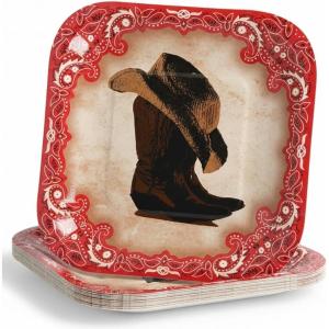 Fun Express Western Party Bandana, Boots, Cowboy Hat Paper Dessert Plates – Bandana, Boots & Cowboy Hat Design for Cowboy Cowgirl Birthday or Western Theme Party Supplies – 8 Pieces