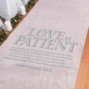 Fun Express Love is Patient Wedding Aisle Runner for Wedding Ceremony – 100 Feet Long White Polyester Carpet Runner | Christian Wedding Decor with 1 Corinthians 13:4-7 Quote for Indoor & Outdoor Use