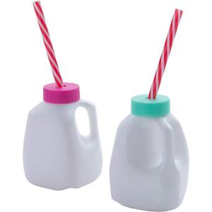 Fun Express 12 Pieces Mini Milk Carton with Lids and Straws, BPA Free Plastic, Party Supplies, White