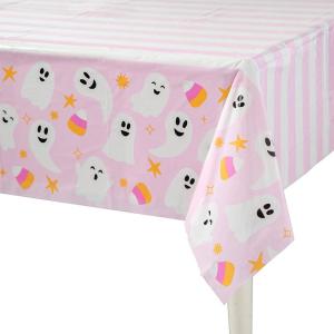 108″ x 54″ Pink Halloween Ghosts & Candy Corn Disposable Plastic Tablecloth