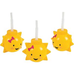 Fun Express 8 Pieces You Are My Sunshine Cups with Straws, Holds 16 oz, BPA Free Plastic, Birthday Party Supplies, Yellow