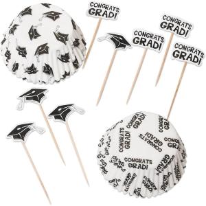 Fun Express Assorted Graduation Baking Cups with Cupcake Toppers – 3.5″, (Set of 100) – Perfect for Memorable Graduation Parties, and Easy to Use