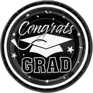 Fun Express Black & White Congrats Grad Paper Dessert Plates – 7.25 inch – Graduation Party Tableware, Perfect for Serving Sweet Treats & Memorable Moments – 25 Pieces – Black