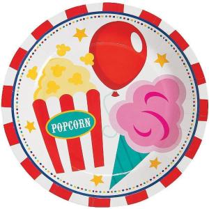 Fun Express Carnival Party Popcorn, Balloon, Cotton Candy Paper Dessert Plates – Disposable Print Tableware for Wedding, Birthday and Festivities Graduation Party Supplies – 8 Pieces