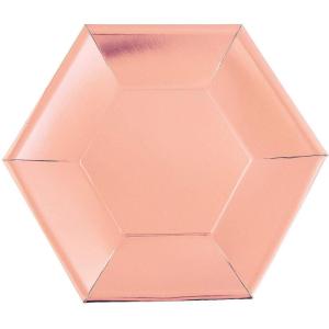 Fun Express Metallic Rose Gold Hexagon Paper Dinner Plates – Disposable Dinner Dessert Plates – Tableware Paper Plates for Birthday Party Wedding Disco Party Decorations – Party Supplies – 24 Pieces