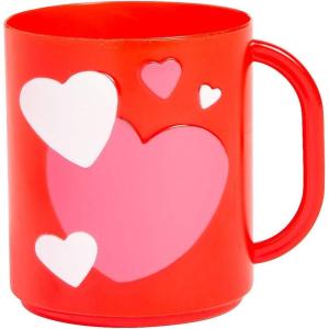 Fun Express 12 Pieces Valentine Day Plastic Mugs with Hearts, BPA Free Plastic, Valentine Party Supplies, Red