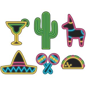 Fun Express Fiesta Neon Light Cutouts – Bright Colorful Decorations Cinco de Mayo Taco Nights Mexican-Themed Parties Celebrations – Fun Eye-Catching Wall Decor for Vibrant Party Atmosphere – 6 Pieces