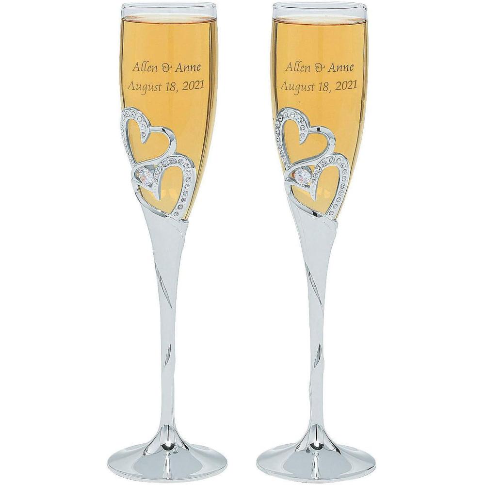 image:imageFun Express Stacked Heart Personalized Wedding Flutes 2 pcs 8 oz Silver with Rhinestone Accents