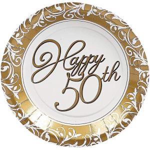 Fun Express – 50th Anniversary Dessert Plates for Wedding – Party Supplies – Print Tableware – Print Plates & Bowls – Wedding – 8 Pieces
