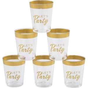 Fun Express 50 Pieces Premium Gold-Trim Let’s Party Shot Glasses, Holds 2 oz, BPA Free Plastic, Wedding Party Supplies, Clear & Gold