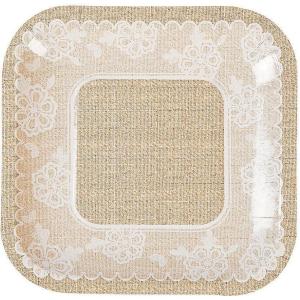 Fun Express Burlap & Lace Square Paper Dessert Plates – Disposable Print Tableware – Print Plates & Bowls Perfect for Wedding, Treats and Festivities Graduation Party Supplies – 8 Pieces