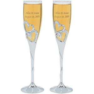 Fun Express Stacked Heart Personalized Wedding Flutes (2 pcs, 8 oz, Silver with Rhinestone Accents)
