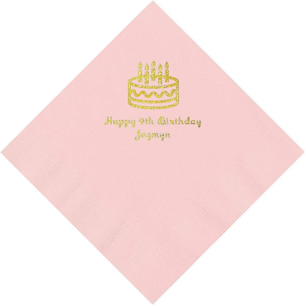 image:imageLight Pink Birthday Cake Personalized Napkins with Gold Foil Luncheon Party Supplies 50 Pieces