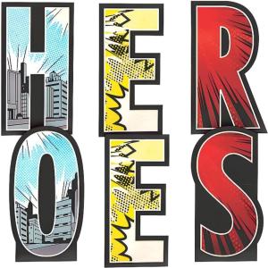 Fun Express 27 inch x 50 inch Heroes Comic Letter Cardboard Cutout Stand-Ups – 6 Piece Set | Perfect for Birthday Party Decorations, Classroom Wall Decor, & Themed Events