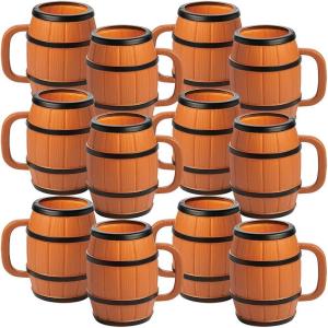 Fun Express Barrel Mugs 12 Pack – Western Party Decorations & Cowboy Theme Cups | 16oz Brown Plastic Reusable Mugs with Handles for Rodeo Birthday Parties & Country Celebrations