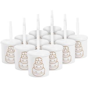 Fun Express Kids’ Wedding Cake Reusable Plastic Cups with Lids & Straws – 12 Ct