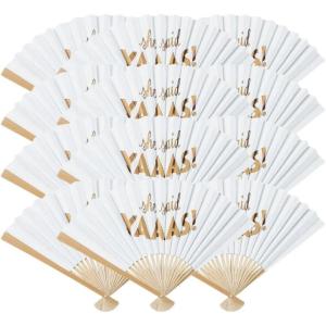 Fun Express She Said Yas Folding Hand Fans – Elegant Wedding Engagement Bachelorette Party Favors for Brides Bridesmaids Guests – Perfect for Celebrations Special Occasions – 12 Pieces – White, Gold