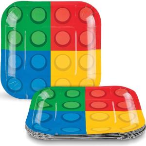 Fun Express Building Block Square Dessert Plates – Ideal for Birthday Party Supplies & Celebrations – Block Party Plates – (8 Count)