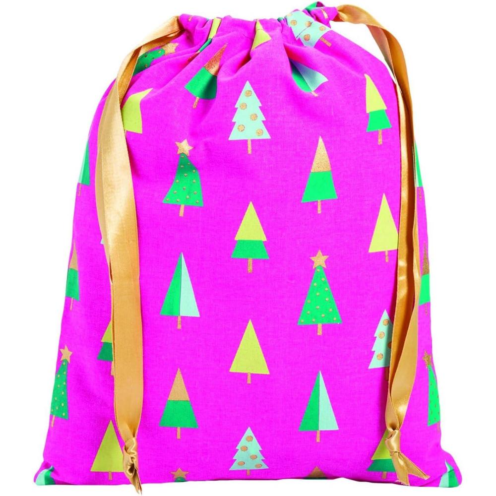 image:imageFun Express Pink Canvas Christmas Trees Drawstring Bag 14 x 18 Inch Medium Holiday Gift Storage Bag Multicolor Festive Design