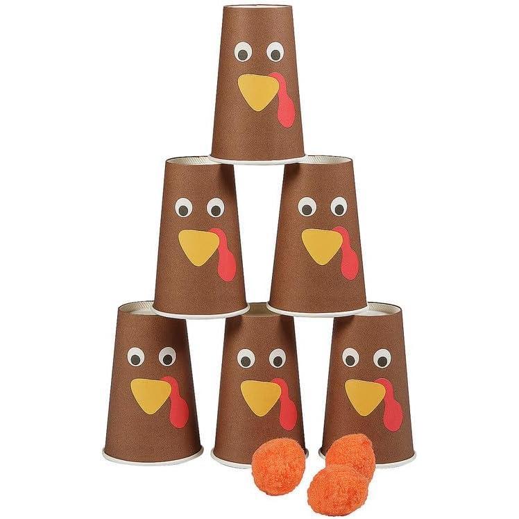 image:imageFun Express Thanksgiving Turkey Cup Stack Bowling Game with Stuffed PomPom Balls  9 Piece