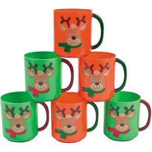 Fun Express 12 Pieces Plastic Holiday Reindeer Mugs, Holds 8 oz, Christmas Party Supplies, Green & Orange