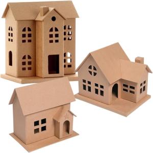 Fun Express DIY Cardboard House Assortment Set of 3 – Christmas Village, Halloween Haunted House & Craft Castle Kits for Kids to Color | Playhouse Construction Kit for Creative Holiday Decorations