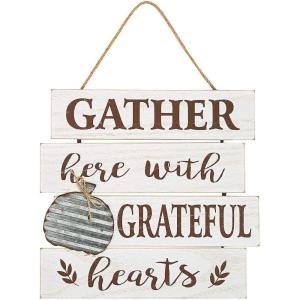 Fun Express Gather Here Grateful Hearts Sign – Charming Home Decor for Living Rooms Kitchens and Entryways – Perfect for Family Gatherings Thanksgiving & Special Occasions – 1 Piece