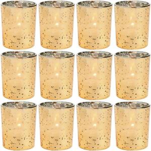 Fun Express Gold Glass Tealight Holders – Wedding and Home Decoration – Tealight Candle Holders for Table Centerpieces – Halloween, Christmas & Thanksgiving Decorations Indoor – 12 Pieces(Gold)