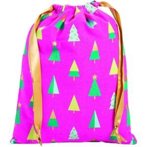 Fun Express Pink Canvas Christmas Trees Drawstring Bag, 14 x 18 Inch Medium Holiday Gift Storage Bag, Multicolor Festive Design