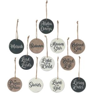 Names of Jesus Wood Christmas Ornaments – Set of 12 – Rustic Holiday Home Decor