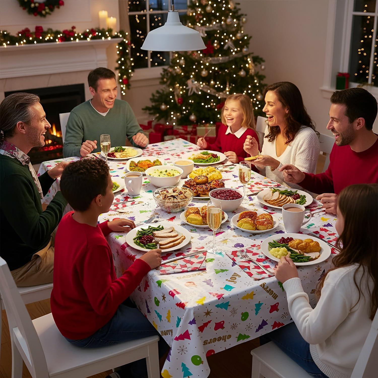 image:imageFun Express Merry amp Bright Christmas Party Disposable Plastic Tablecloth Roll 40 x 102 ft 1 Pc Ideal for Holiday Celebrations and Gatherings