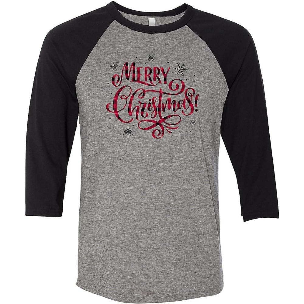 image:imageBellaCanvas Festive Plaid Merry Christmas Adult Raglan 34 Sleeves TShirt  ExtraSmall  Unisex Seasonal Graphic Tee  Perfect for Holiday Parties Family Photos amp Church Events