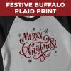 Bella+Canvas Festive Plaid Merry Christmas Adult Raglan 3/4 Sleeves T-Shirt – Extra-Small – Unisex Seasonal Graphic Tee – Perfect for Holiday Parties, Family Photos & Church Events