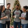 Bella+Canvas Festive Plaid Merry Christmas Adult Raglan 3/4 Sleeves T-Shirt – Extra-Small – Unisex Seasonal Graphic Tee – Perfect for Holiday Parties, Family Photos & Church Events