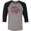 Bella+Canvas Festive Plaid Merry Christmas Adult Raglan 3/4 Sleeves T-Shirt – Extra-Small – Unisex Seasonal Graphic Tee – Perfect for Holiday Parties, Family Photos & Church Events