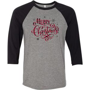 Bella+Canvas Festive Plaid Merry Christmas Adult Raglan 3/4 Sleeves T-Shirt – Extra-Small – Unisex Seasonal Graphic Tee – Perfect for Holiday Parties, Family Photos & Church Events