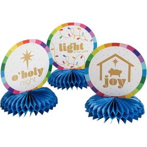 Inspirational Religious Merry & Bright Honeycomb Centerpieces – 7.5″ x 9″ (3 Count) – Assorted Festive Designs, Perfect for Christmas Parties, Church Events, or Holiday Table Decor