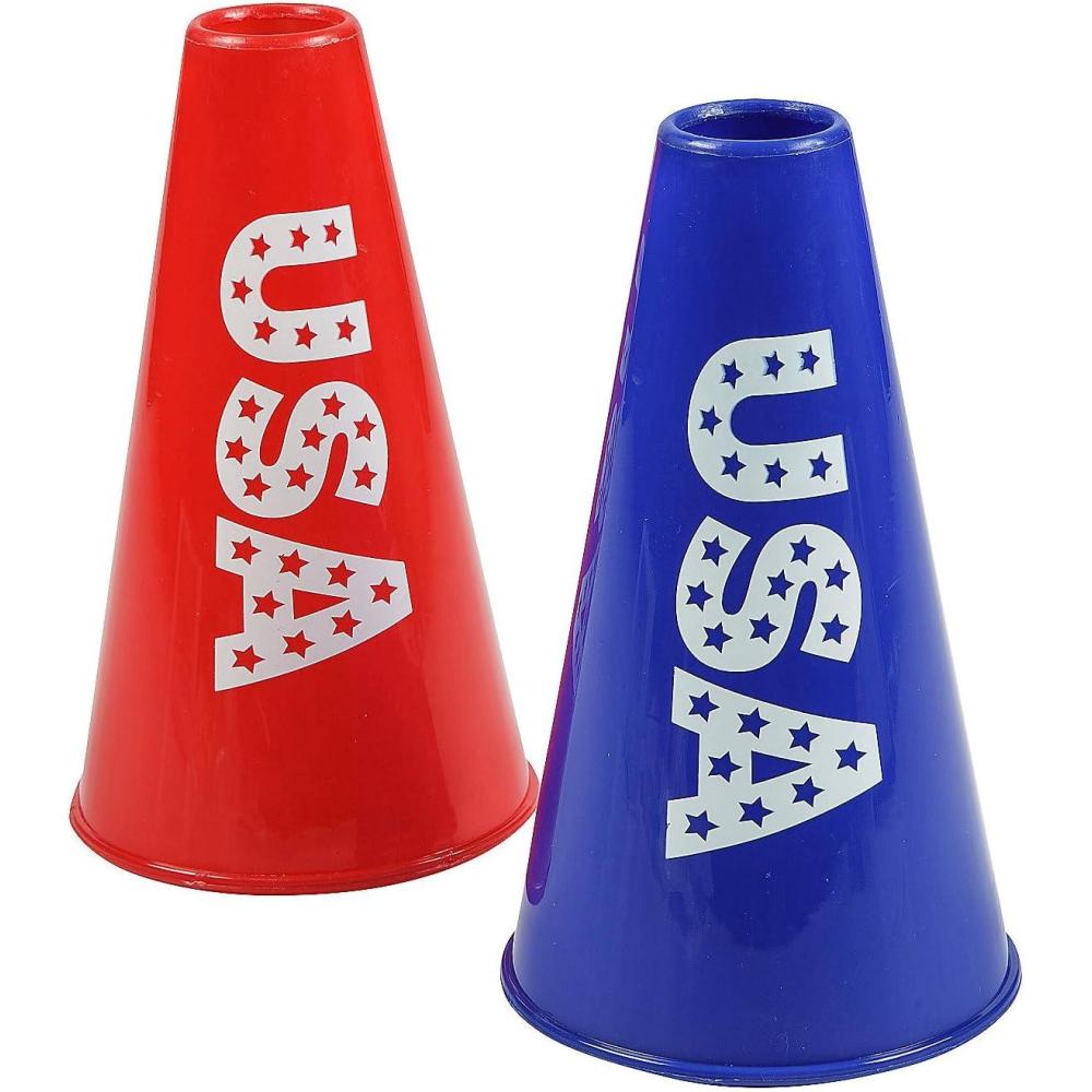 image:imageFun Express 4 34 x 8 Patriotic USA Red amp Blue Plastic Megaphones 12 Pieces