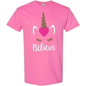 Fun Express Fruit of the Loom ‘Believe’ Valentine’s Day Unicorn Youth Pink Cotton Short Sleeve T-Shirt (X-Small, 2-4) – Perfect for Dress-Up, & Everyday Apparel(Pink)